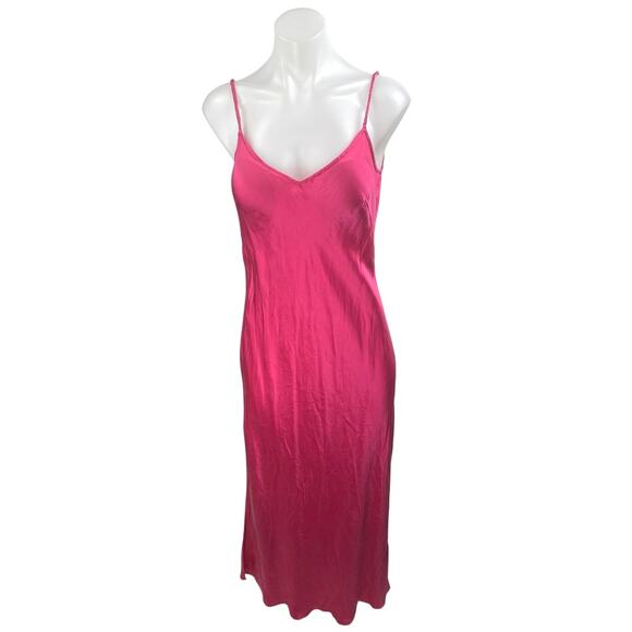 August Silk Pink Sleeveless 100% Silk Satin Vneck Cami Strappy Maxi Slip Dress S - Picture 1 of 4
